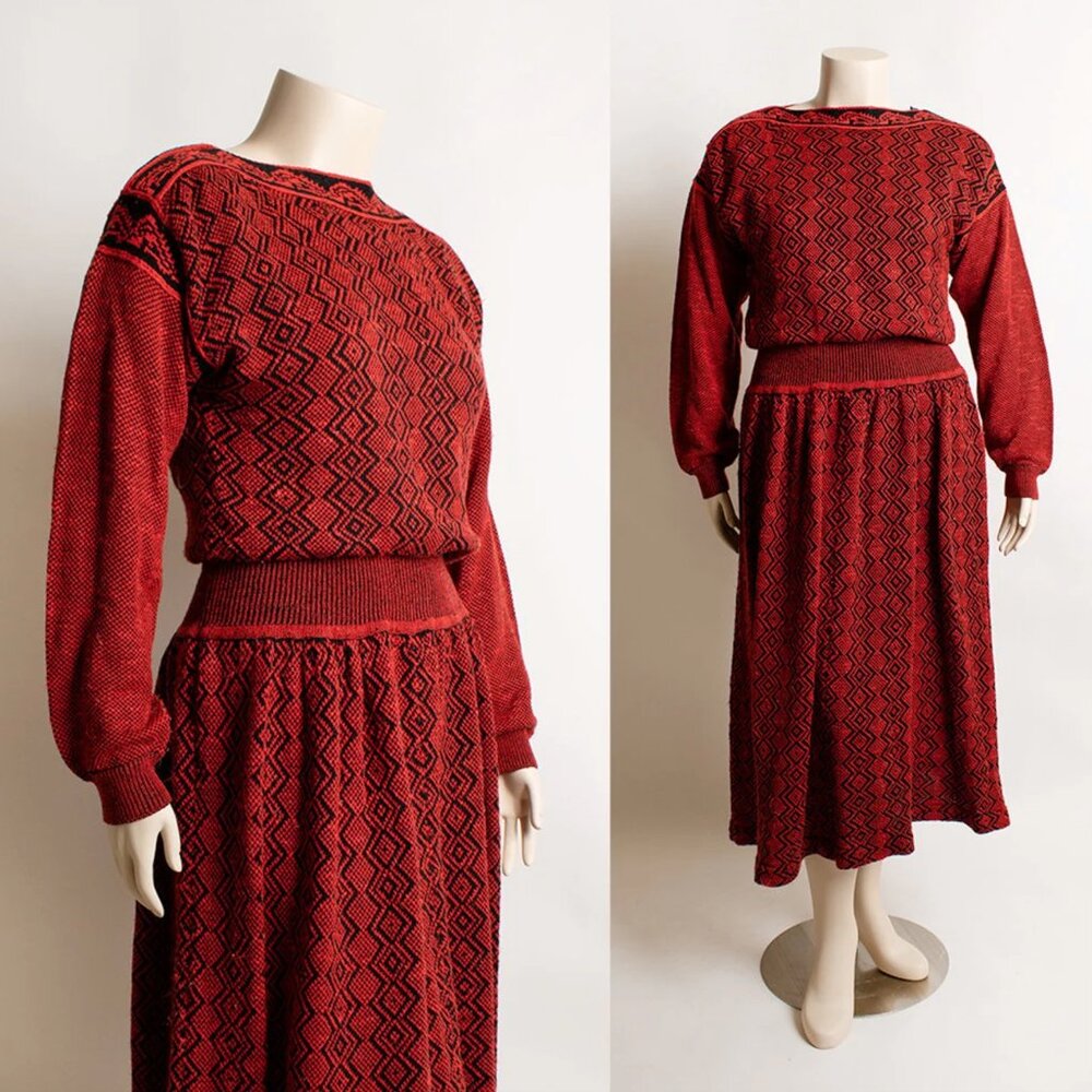 Vintage 90s Red Black Geometric Knit Knitwear Sweater Dress Medium Large 1990s